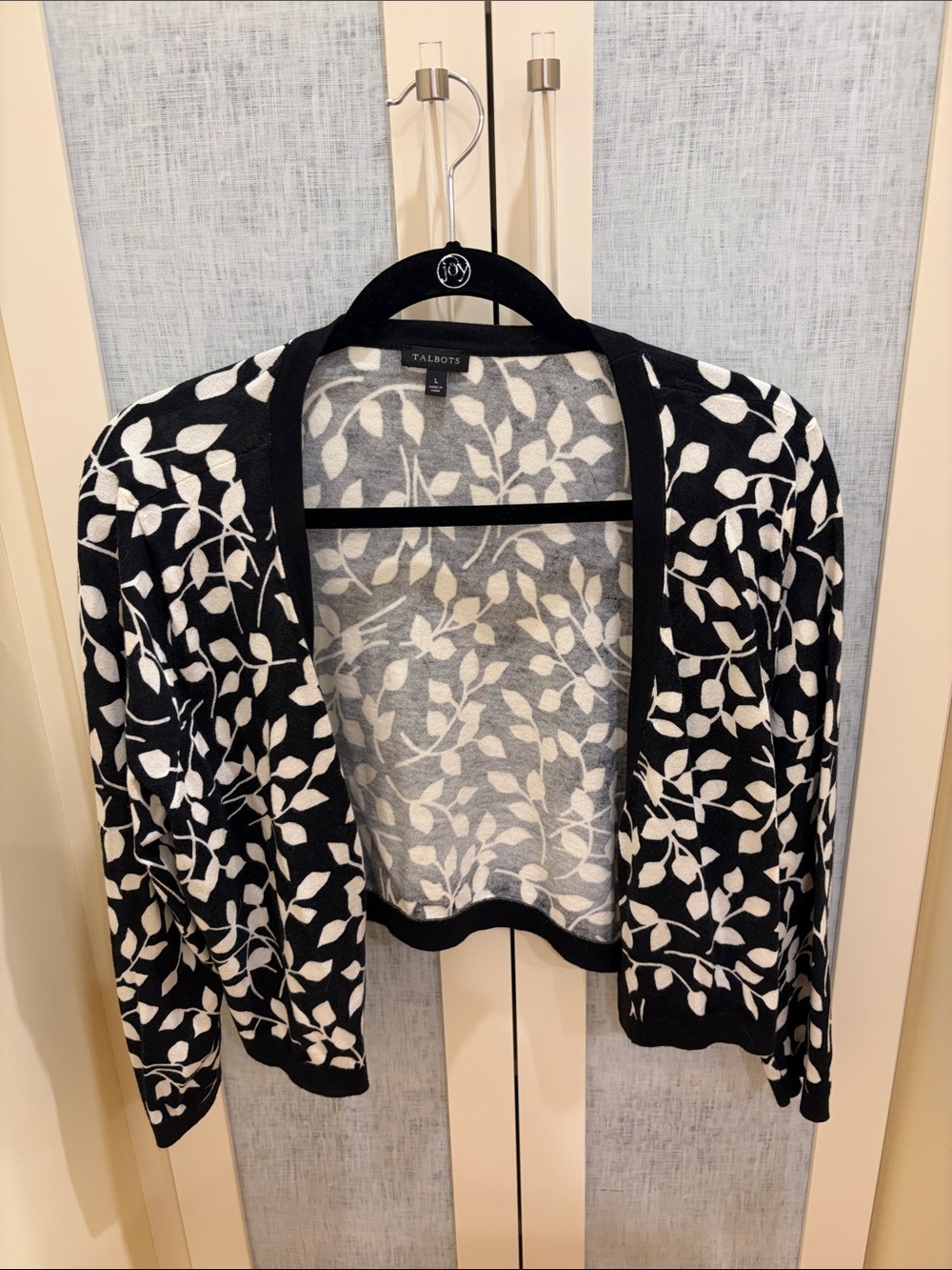 Talbots Black and White Leaf-Print Open Front Cardigan
